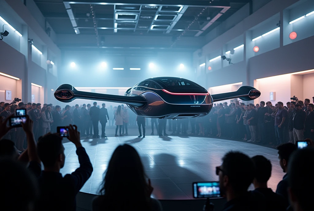 Taking a photo at the Flying Car commercialization presentation. Surrounded by many reporters and photographers, the flying car rises vertically, with effects added to express movement, Generated in SFW