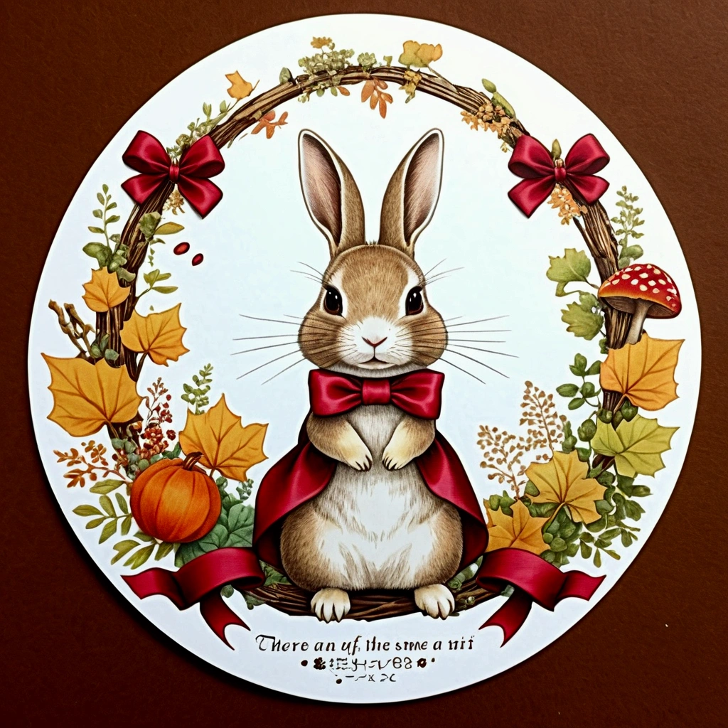 Collage Design、Sticker design、Seal Design、Evenly spaced、There is some space between the design、Cute rabbit、(((ウサギがribbonで遊んでいる)))、レースのribbonをつけている、Different rabbit、Change the pose、Fantasy、antique、Sewing tools、ribbon、Bow knot、たくさんのribbon、antiqueデザイン、Lots of rabbits、Large eyes、Your eyes are sparkling、autumn、mushroom、Maple、Ginkgo、Trim、