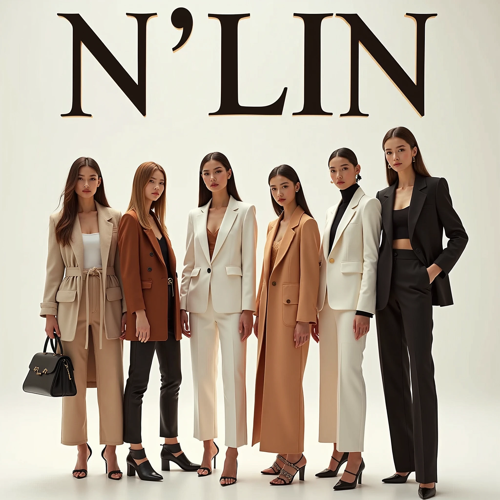 Create a fashion poster for the brand N'Lin, showcasing its chic and trendy style. The poster should appeal to young women aged 25-30, highlighting the brand's focus on fashionable and contemporary designs. Use a sleek and modern aesthetic with high-quality visuals that exude sophistication and style. Incorporate elements like bold typography, elegant models, and a clean layout that reflects the brand's identity as a leader in high-end fashion for young, stylish women. The overall design should convey a sense of exclusivity, confidence, and cutting-edge fashion.