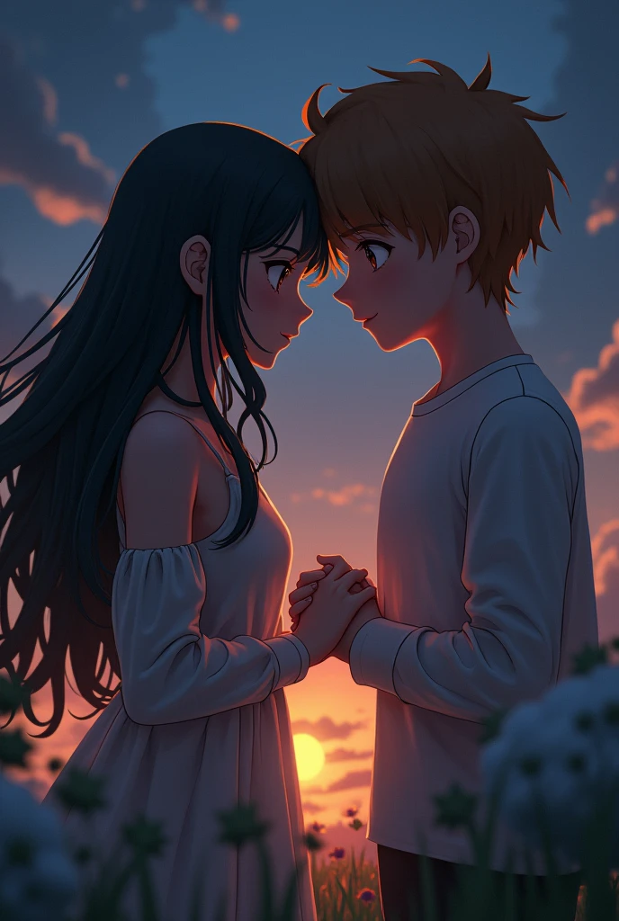 hermosa iluminación, couple touch hands, anime dark, girl hair black, boy hair brown , love, minecraft, sheeps