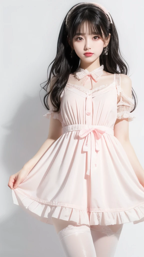 Super cute black hair,Pink ta dress girl. 8K ultra-high quality, Delicate texture, Pure white background.Wear white pantyhose