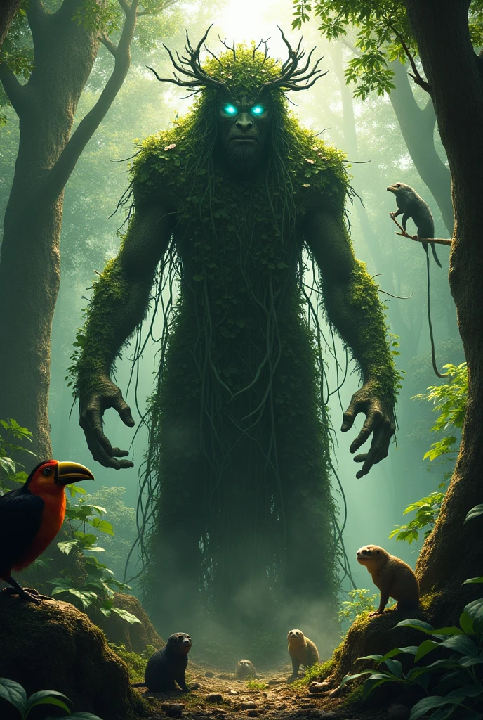 Create the legend of the terrifying forest father surrounded by Brazilian animals