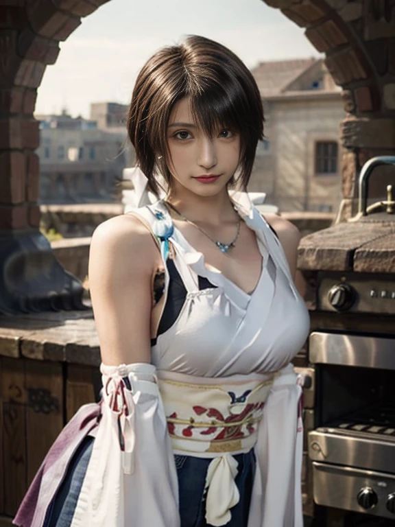 20 year old Japanese beauty，One person、Muscular body like a bodybuilder、Emphasize the breasts、Slit eyes、A head-to-toe view，Bust is very very large、The background is a medieval European kitchen、High quality photos、Clear, crisp images of the lower body、Masterpiece 8k、Ecstatic face、Baking pizza in a wood-fired oven、From the front, from the side, from the back, etc.々from what camera angle to shoot、FF10 Yuna's outfit