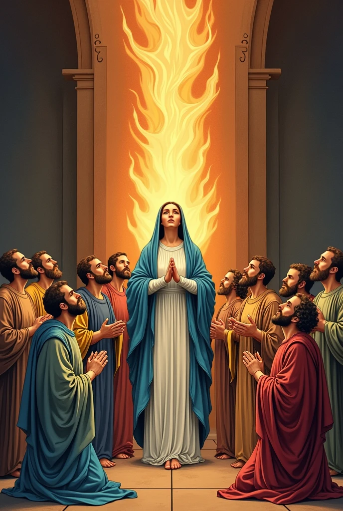 I would like a vertical drawing style image of Our Lady in the midst of the apostles praying at Pentecost while fire falls upon them.