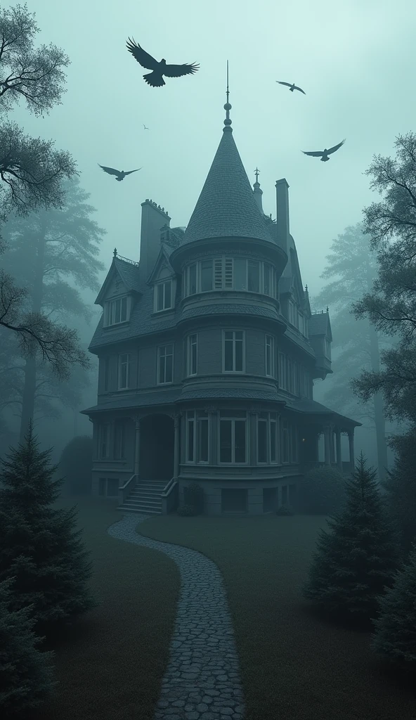a townhouse from ground view, blue lights, foggy wood atmosphere, ravens flying around, detailed architecture, forest scenery, moody lighting, cinematic composition, rich textures, dramatic shadows, high contrast, muted color palette, (best quality,4k,8k,highres,masterpiece:1.2),ultra-detailed,(realistic,photorealistic,photo-realistic:1.37)