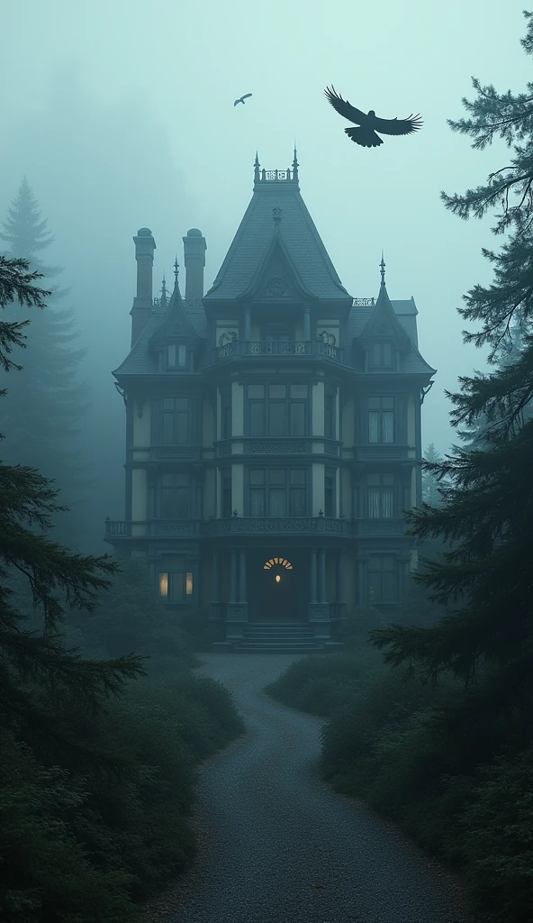 a townhouse from ground view, blue lights, foggy wood atmosphere, ravens flying around, detailed architecture, forest scenery, moody lighting, cinematic composition, rich textures, dramatic shadows, high contrast, muted color palette, (best quality,4k,8k,highres,masterpiece:1.2),ultra-detailed,(realistic,photorealistic,photo-realistic:1.37)