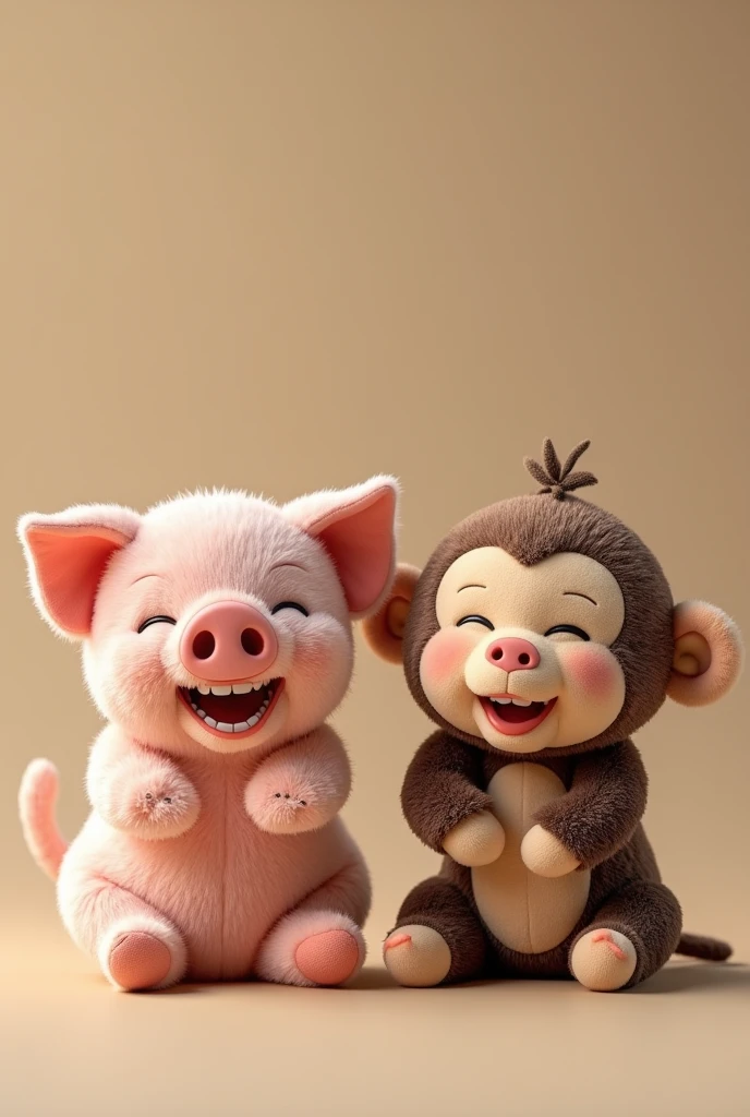A laughing stuffed pig and a laughing stuffed monkey with their eyes closed are lined up next to each other
