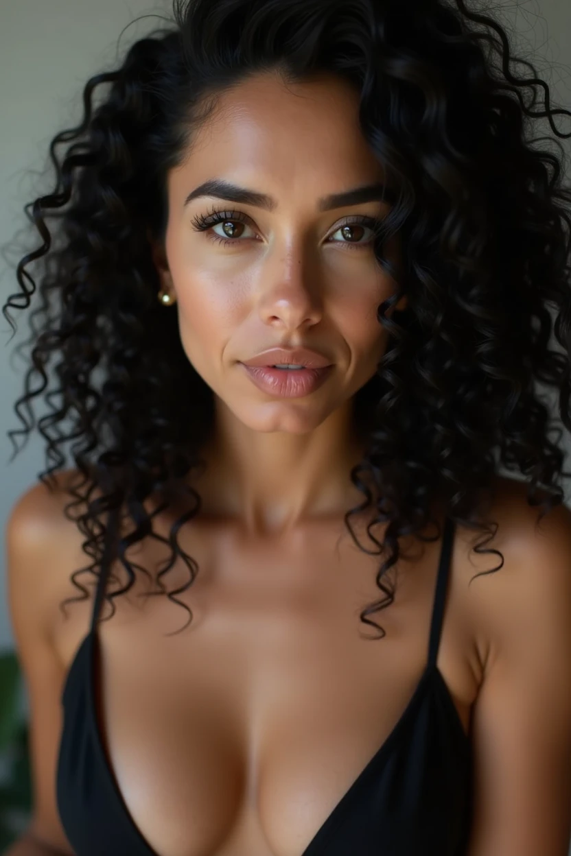 OnlyFans model with black, curly hair that falls gracefully, a slender figure, fair skin, and almond-shaped eyes that reflect her Latina heritage. Capture her natural beauty and confidence in an attractive and elegant pose, with lighting that highlights her distinctive features.