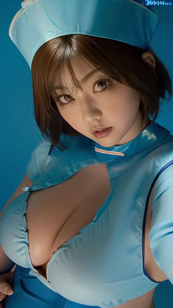 Topquality,1girl ,brown short hair,straight hair,eye shadow,(wearing sky-blue nurse costume:1.3),in deep black room,Pitch black background,cleavage is visible,(upper body shot,from above,close up:1.5)