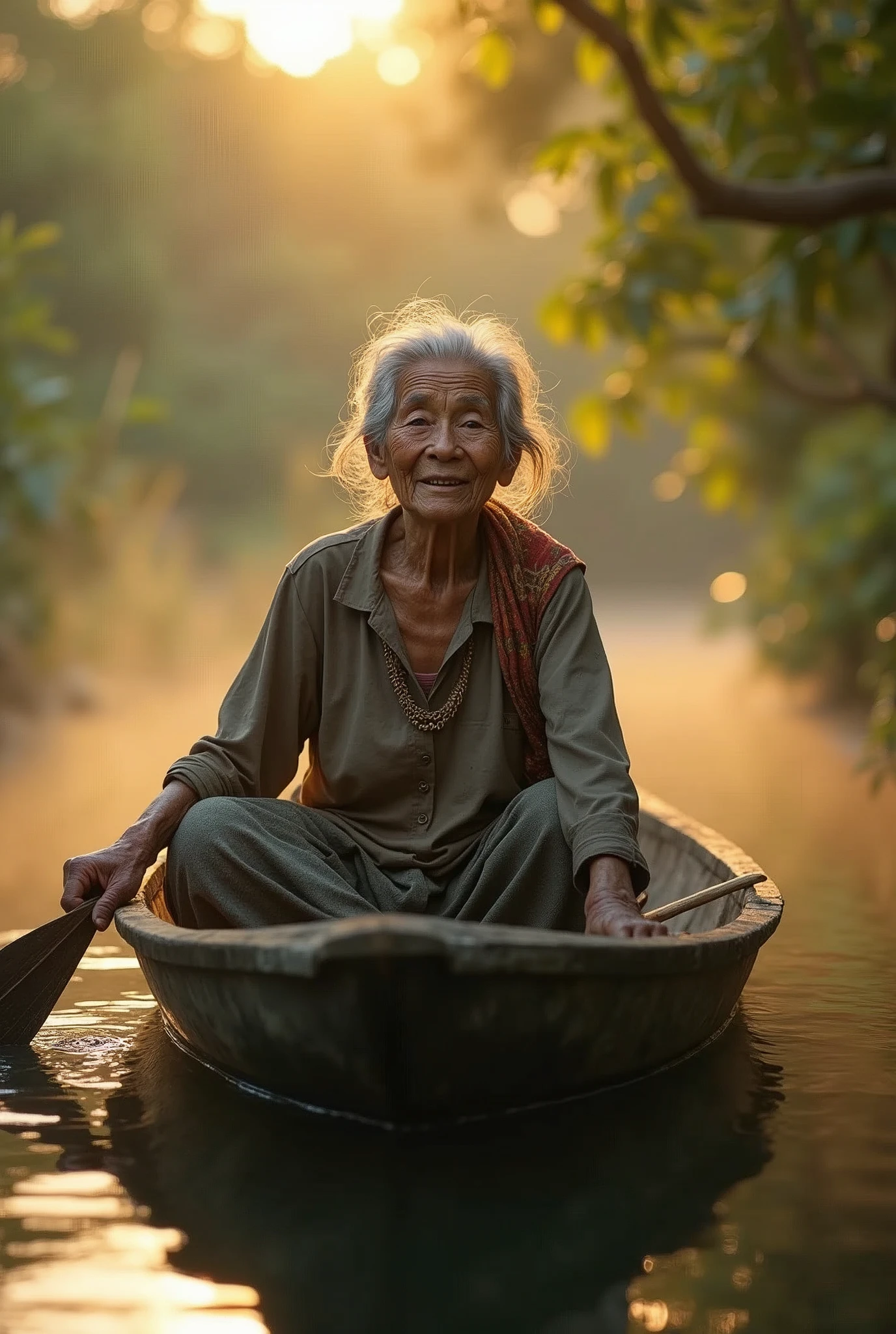 ( photorealism 1.2) photo realistic high detailed Malay old women messy hair at dugout canoe fishing at river smile cinematic view morning mode effect cinematography smoke effect sunlight silhouette