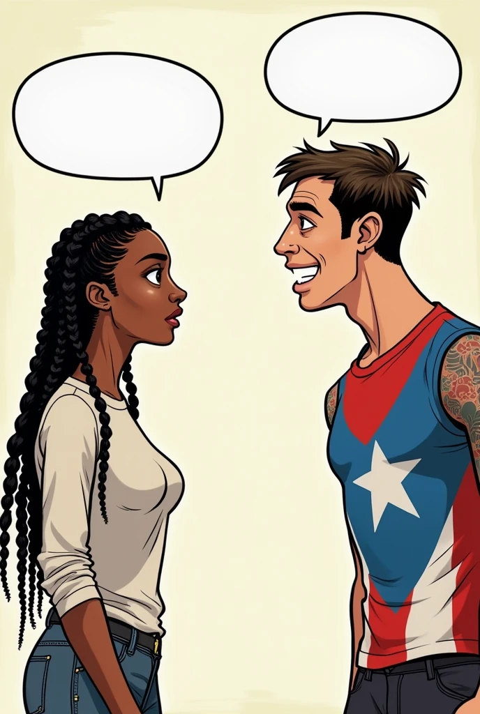 Comic, one white young men with puerto rico flag tattoo making funny of a beautiful braided black women with white long sleeve and a rude face ,2 chat bubble in blank