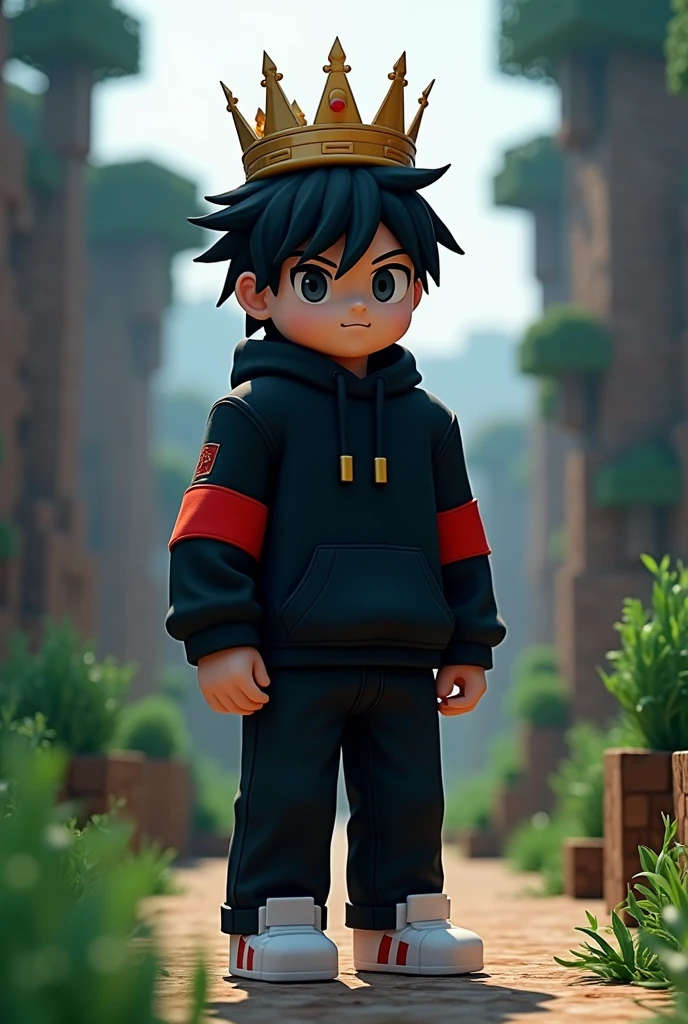 a character that has black hair with a crown a black sweatshirt with many red stripes on the sleeves teenager black pants white shoes Minecraft