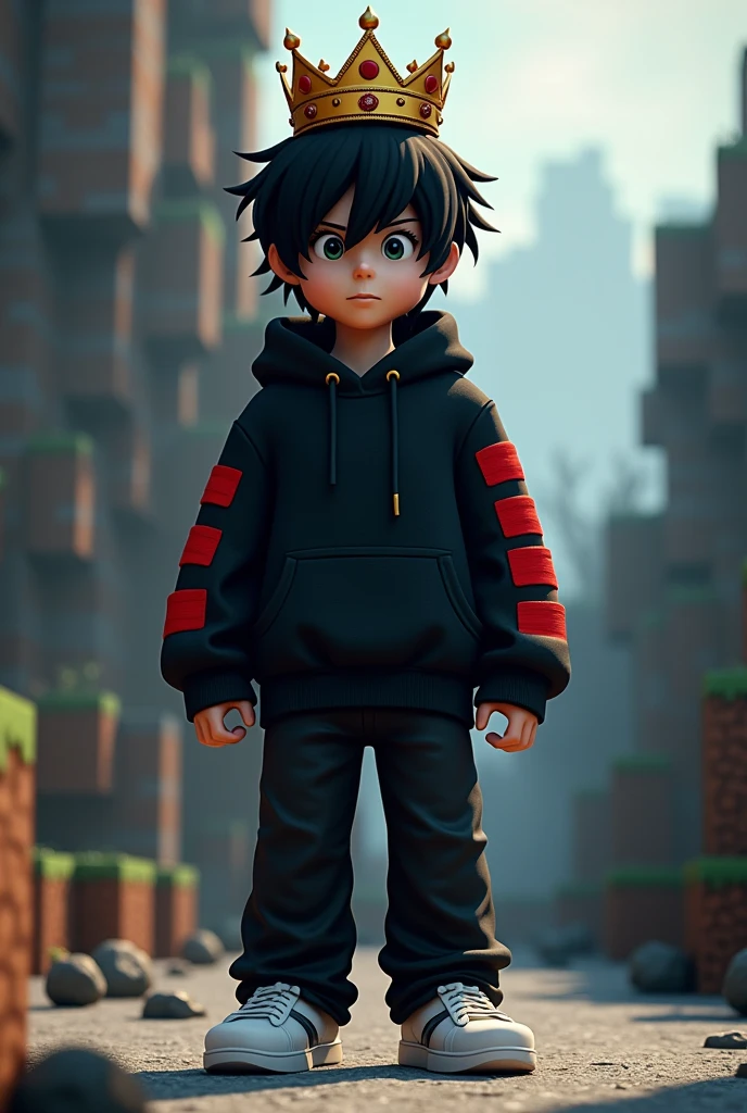 a character that has black hair with a crown a black sweatshirt with many red stripes on the sleeves black pants white shoes Minecraft