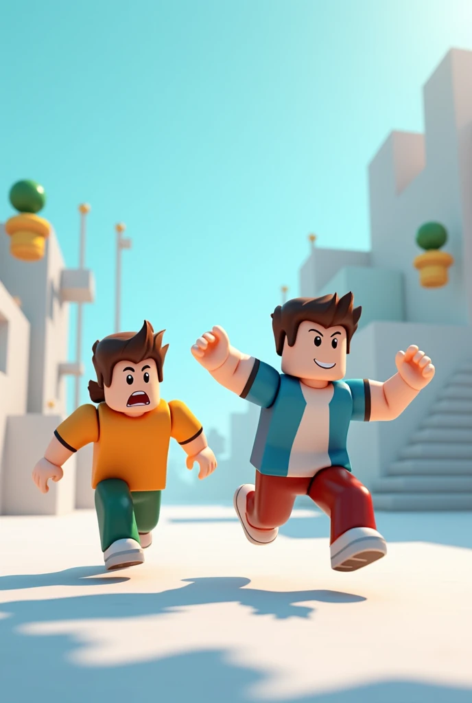 generates a person chasing another person with the style of roblox characters