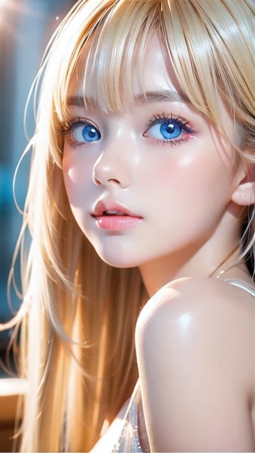 Incredibly bright, white, glossy, beautiful skin、Blonde hair color that changes with reflected light、Bangs between the eyes blocking the view、Glossy highlight on cheeks、sexy, very beautiful, lovely, cute, gorgeous face、The most beautiful face in the world、A beautiful girl、Super long blonde hair、smooth, straight hair、Big Breasts, Sparkling bright sky blue eyes、Beautiful bangs、Small Face Beauty、Round face、Very beautiful appearance