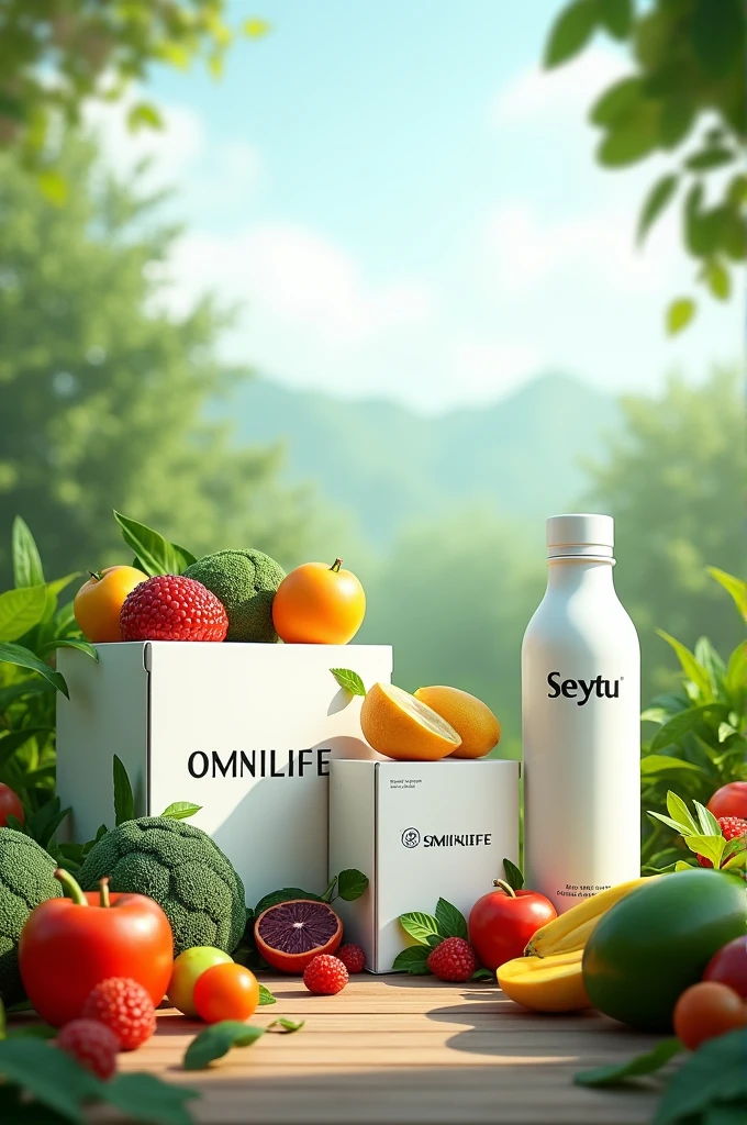 Display boxes with the OMNILIFE logo and fruits and vegetables around them , also white bottles with the Seytu logo and on the side plants and a clear landscape