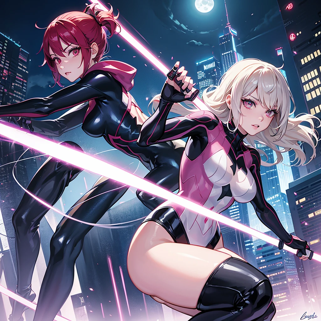 The image shows Lady Deadpool (Wanda Wilson) y Spider-Gwen (Gwen Stacy) in a dynamic team pose. Lady Deadpool is on the left, with his characteristic red and black suit, wearing her mask with her blonde ponytail peeking out the top. He is in a dynamic pose, holding a katana in one hand and a gun in the other, with a mocking expression visible through his mask.
On your right side, Spider-Gwen is swinging with a web, her black and white suit with pink details shining. He wears his signature hood, and his gaze under the mask denotes confidence. Both are in an urban environment at night, with the city skyscrapers in the background, illuminated by window lights and some neon lights. The sky is dark, but a bright full moon gives them a heroic and enigmatic touch.