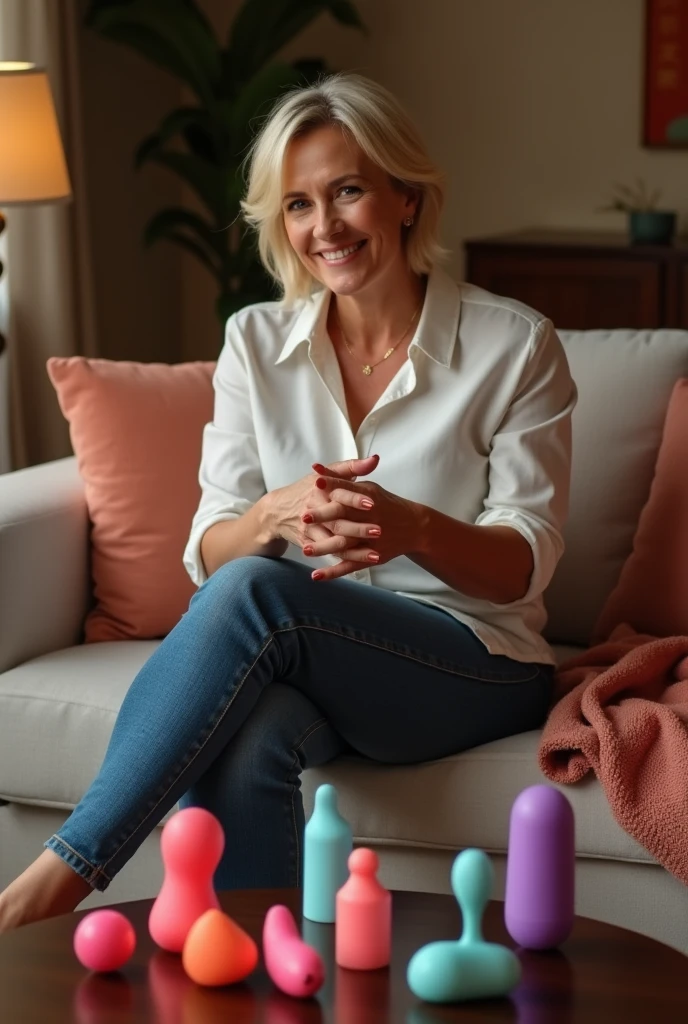 40yo,short blonde haire. She has an hourglass figure, massive breasts. ,Wide hips (implants), Prominent buttocks (implants). She's fully clothed, not naked or topless.

Warm interior of her home, with subdued lighting creating an intimate, welcoming ambience.
Woman seated on a comfortable sofa, dressed in a shirt, skinny jeans that show off her figure, and stilettos that add a touch of sophistication
Coffee table in front of her, carefully arranged with a selection of big vibrator dildos in various shapes, vibrant colors and textures
She presents each piece with a knowing smile, confidently explaining the particularities and uses of each model
In a relaxed atmosphere, she shares amusing anecdotes and tips on exploring sensuality, creating a genuine connection with her audience
Light-hearted and fun exchanges, she encourages questions, making the experience interactive and engaging, while emphasizing the importance of self-knowledge and pleasure
An authentic moment of sharing, celebrating freedom of expression and personal fulfillment in a cosy, stylish setting.

