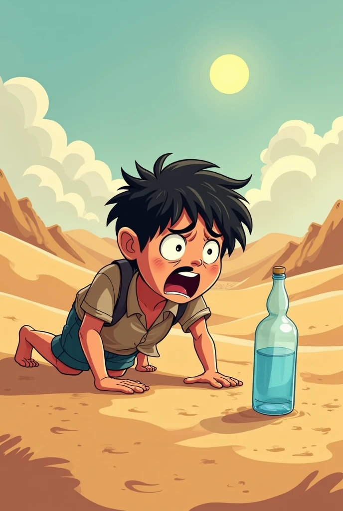 Raise a young white man, black hair and small, and short mustache, com semblante de choro em cartoon. He's in the middle of the desert crawling to a bottle of water..