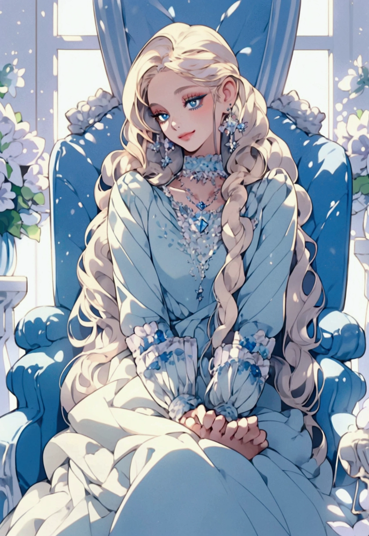 ((solo, 1woman, 3/4th body (blue eyes, platinum blonde hair, long hair), Extremely detailed, ambient soft lighting, 4k, gentle smile, perfect eyes, a perfect face, perfect lighting, a 1girl)), ((solo, (1woman, natural make-up), Extremely detailed, ambient soft lighting, 4k, anime eyes, bigger eyes, a perfect face, perfect lighting, a 1girl)), , ((pastel colors, turned to the side pose, sapphire necklace)), ((pastel blue & white finely detailed dress, sitting on a fancy chair, flowers, palace))