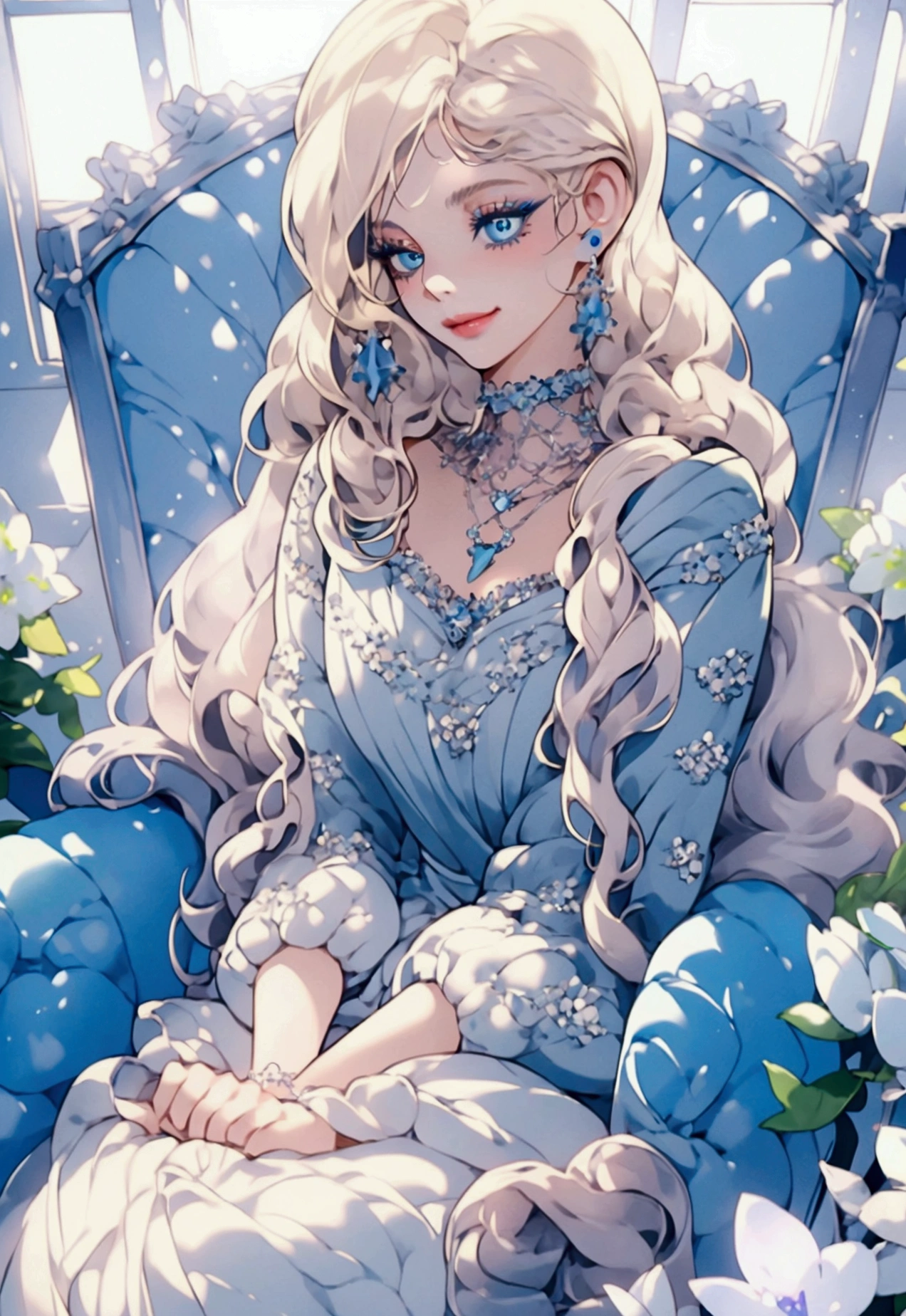 ((solo, 1woman, 3/4th body (blue eyes, platinum blonde hair, long hair), Extremely detailed, ambient soft lighting, 4k, gentle smile, perfect eyes, a perfect face, perfect lighting, a 1girl)), ((solo, (1woman, natural make-up), Extremely detailed, ambient soft lighting, 4k, anime eyes, bigger eyes, a perfect face, perfect lighting, a 1girl)), , ((pastel colors, turned to the side pose, sapphire necklace)), ((pastel blue & white finely detailed dress, sitting on a fancy chair, flowers, palace))