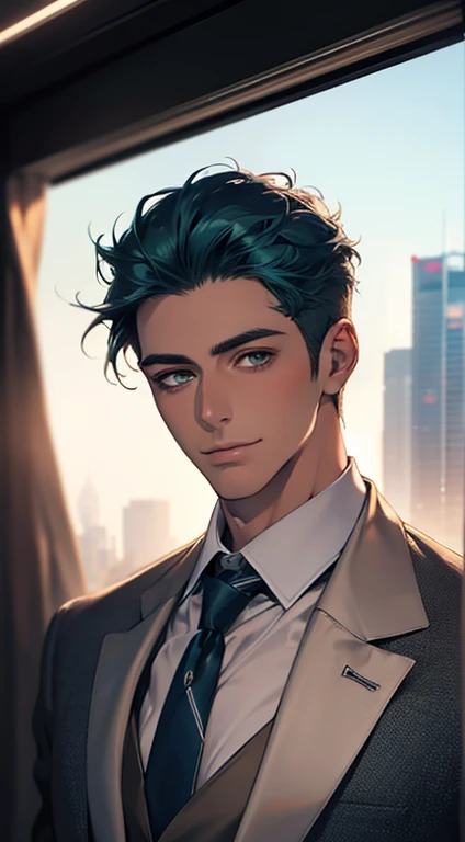 (Highest quality,4K,8K,High resolution,masterpiece:1.2),Super detailed,(Realistic,photoRealistic,photo-Realistic:1.37),1 person,34 years old,Mature Men,Beautiful skin、very handsome,Expressionless smile in love,Short blue hair,green eyes,Sharp Eyes,A perfect face without a doubt,Businessman, CEO, Office Background,Cinema Lighting,HDR image,tie、