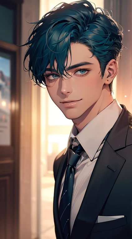 (Highest quality,4K,8K,High resolution,masterpiece:1.2),Super detailed,(Realistic,photoRealistic,photo-Realistic:1.37),1 person,34 years old,Mature Men,Beautiful skin、very handsome,Expressionless smile in love,Short blue hair,green eyes,Sharp Eyes,A perfect face without a doubt,Businessman, CEO, Office Background,Cinema Lighting,HDR image,tie、