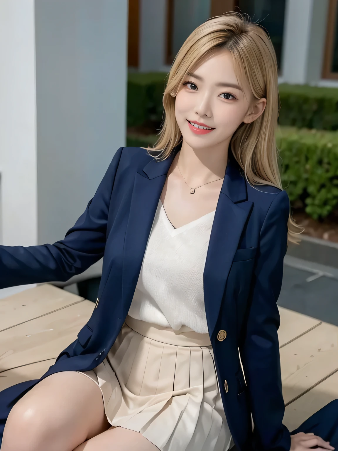 (8,000; Best Quality: 1.2), (Realistic, Realistic: 1.2), Lovely, Solo, Sky is Beautiful and Clear, Night, Moisture, Watching the Audience, (Sit: 1.4) Date, Mirai, (Nose Brush), (Smile: 1.15), Delicate eye (Deep Blonde: 1), Floating Hair Nova FrogStyle, Navy blue Suit Jacket, Burton T-shirt, Beige Pleats Skirt, Makeup, Lover's Smile, 40 years old, Beautiful (8,000, Yes, RAW Photo: 1.2, Random body orientation,
