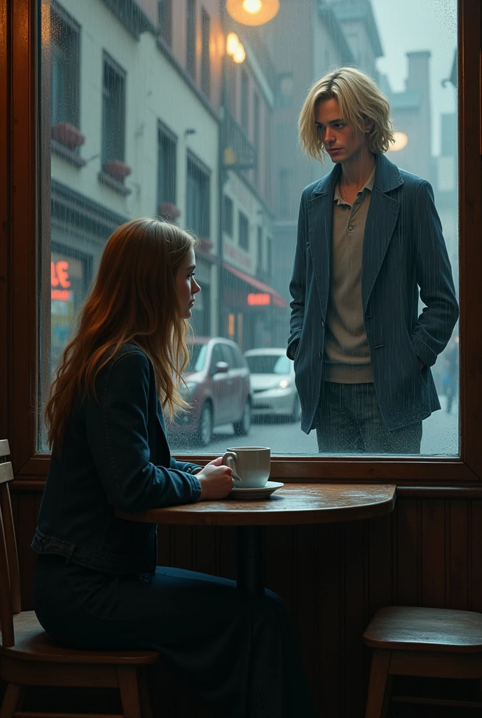 Make Lili Collins in a coffee shop drinking coffee with school clothes ,And through the window there is a man watching her, He is tall, blonde with medium-length hair wearing school clothes, rainy atmosphere
