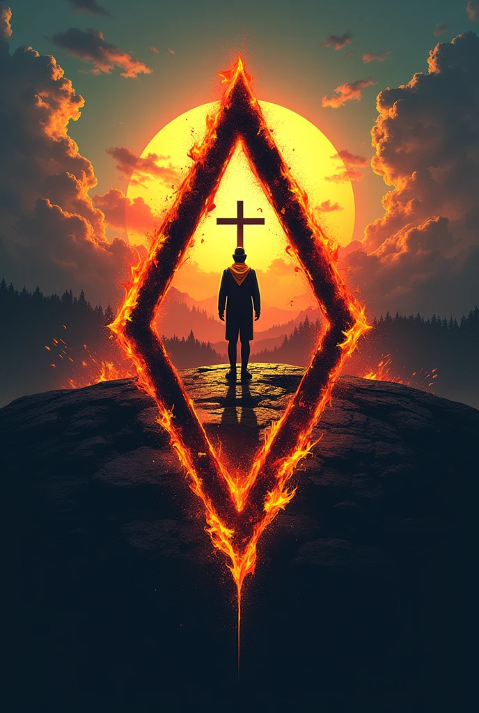 Create a logo in the shape of a triangle with fire on the edges.
On the left side of the triangle and below the triangle it says:"HIDDAI" and in the background a cross and a shadow of a person with a yellow handkerchief and a beautiful landscape with sun