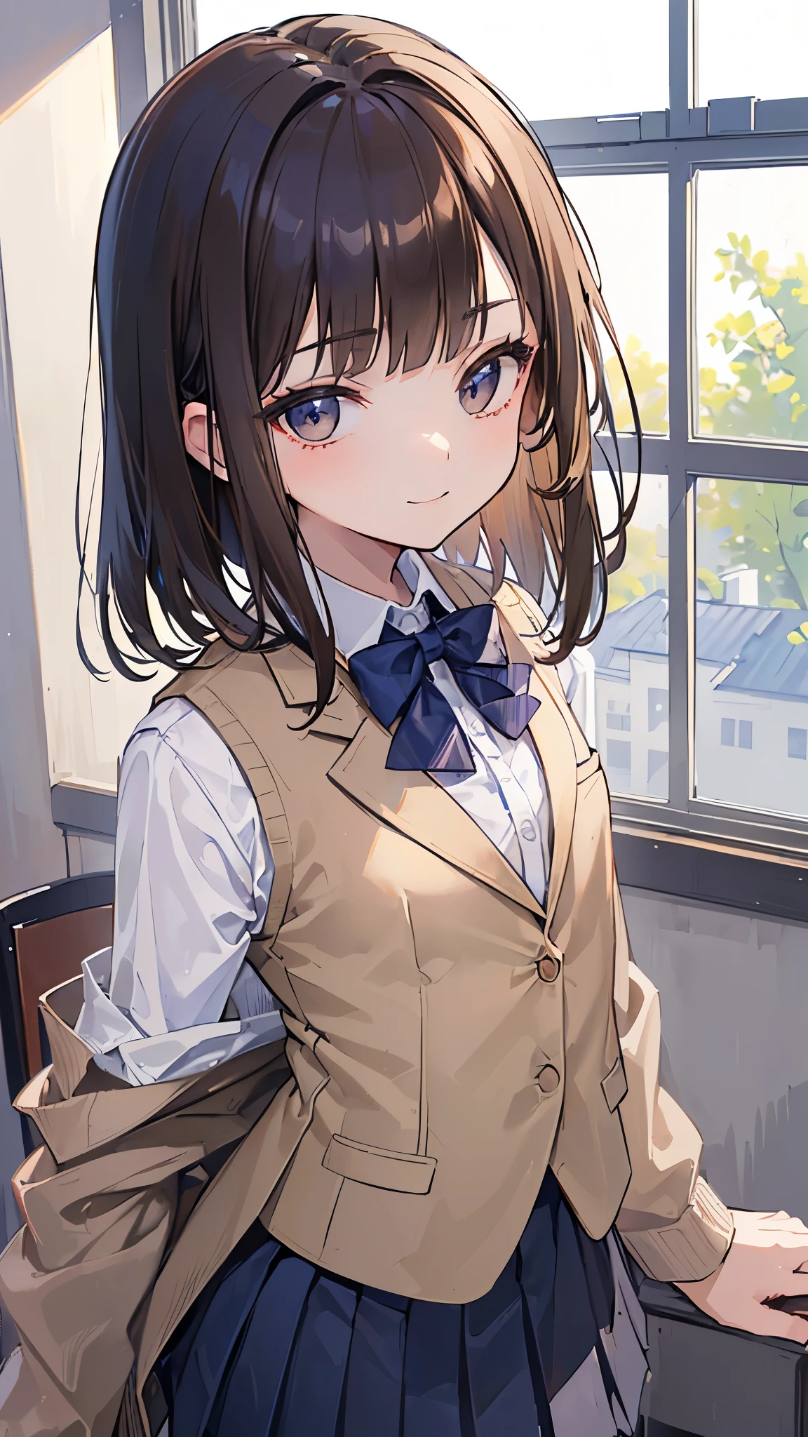 ((masterpiece、Highest quality、Very detailed))、One person、Brown Hair、Medium Hair、blunt bangs、Grey Eyes、evil smile、Small breasts、((White collared shirt))、A bow tie、((light brown vest))、((Navy blue blazer:1.2))、((Black pleated skirt))、((micro miniskirt))、Cowboy Shot、Classroom Background