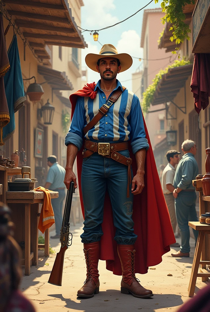 Workshops in Cordoba, shield , person with blue and white shirt , gun in hand, a phrase that says matador 