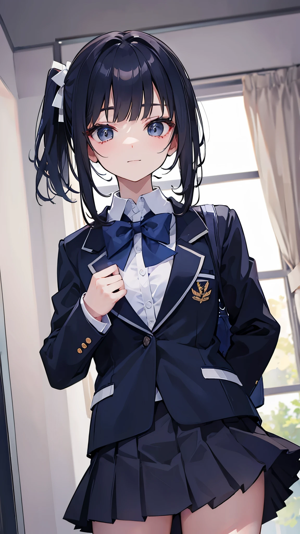 ((masterpiece、Highest quality、Very detailed))、One person、Black Hair、Medium Hair、Two Side Up、blunt bangs、Grey Eyes、evil smile、Small breasts、((White collared shirt))、A bow tie、((light brown vest:.2))、((Navy blue blazer:1.2))、((Black pleated skirt))、((miniskirt))、Cowboy Shot、Classroom Background

