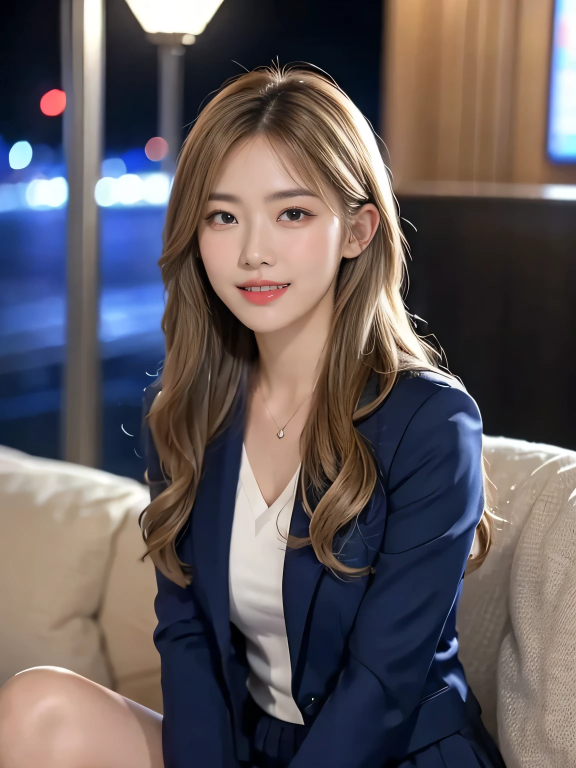 (8,000; Best Quality: 1.2), (Realistic, Realistic: 1.2), Lovely, Solo, Sky is Beautiful and Clear, Night, Moisture, Watching the Audience, (Sit: 1.4) Date, Mirai, (Nose Brush), (Smile: 1.15), Delicate eye (Deep Blonde: 1), Floating Hair Nova FrogStyle, Navy blue Suit Jacket, Burton T-shirt, Beige Pleats Skirt, Makeup, Lover's Smile, 40 years old, Beautiful (8,000, Yes, RAW Photo: 1.2, Random body orientation, 