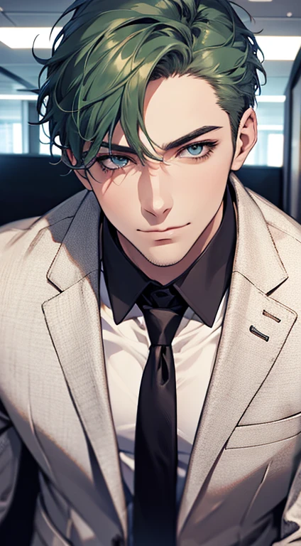 (best quality,4k,8k,highres,masterpiece:1.2),ultra-detailed,(realistic,photorealistic,photo-realistic:1.37),1 man,31 years old,mature man,very handsome,without expression,smile,short green hair,blue eyes,penetrating gaze,perfect face without errors,imposing posture,businessman,office background,cinematic lighting,hdr image