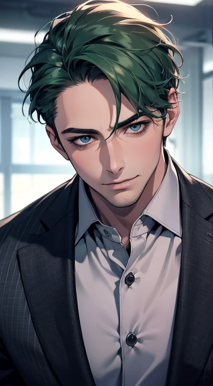 (best quality,4k,8k,highres,masterpiece:1.2),ultra-detailed,(realistic,photorealistic,photo-realistic:1.37),1 man,31 years old,mature man,very handsome,without expression,smile,short green hair,blue eyes,penetrating gaze,perfect face without errors,imposing posture,businessman,office background,cinematic lighting,hdr image