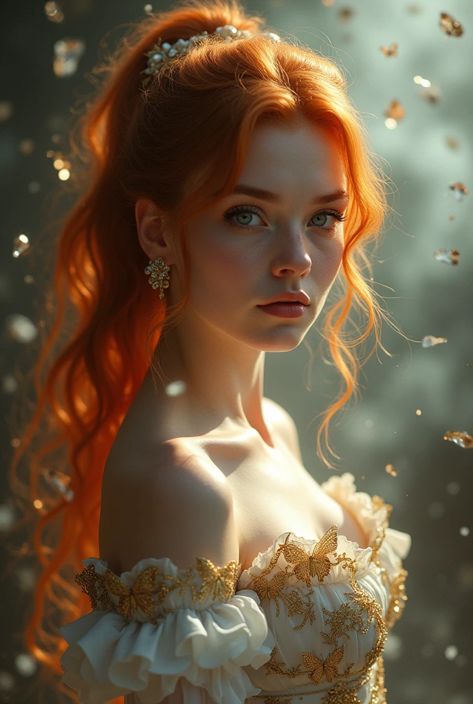 (solo, full body photo:1.3), (action packed:1.3), (haze, fog, mist:1.3), chiaroscuro, best quality, photorealistic, 1woman, (cute), (24yo:1.2), redhead, long ginger hair highly detailed, 1700'S, digital photography, art by artgerm and ruan jia and greg rutkowski surreal painting gold butterfly filigree, broken glass, (masterpiece, sidelighting, finely detailed Fashionable eyes: 1.2) (perfect oval large eyes that gazes at the viewer), beautiful detailed face, blue gorgeous perfect eyes, (blonde hair ponytail), (attractive young woman:1.3), (thick amazing hair), (seductive:1.1), (blushing:1.1)