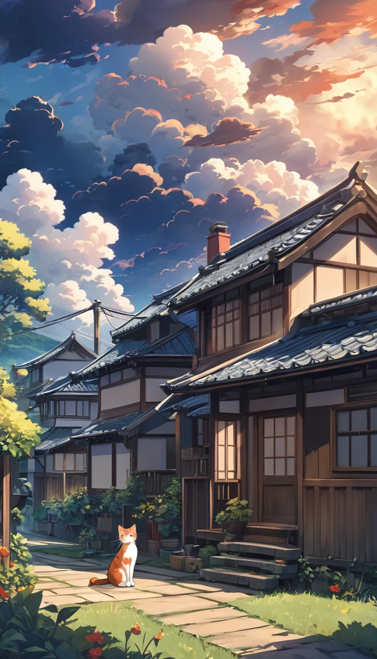 A small cat is standing outside of a house, in the style of anime art, atmospheric clouds, 32k uhd