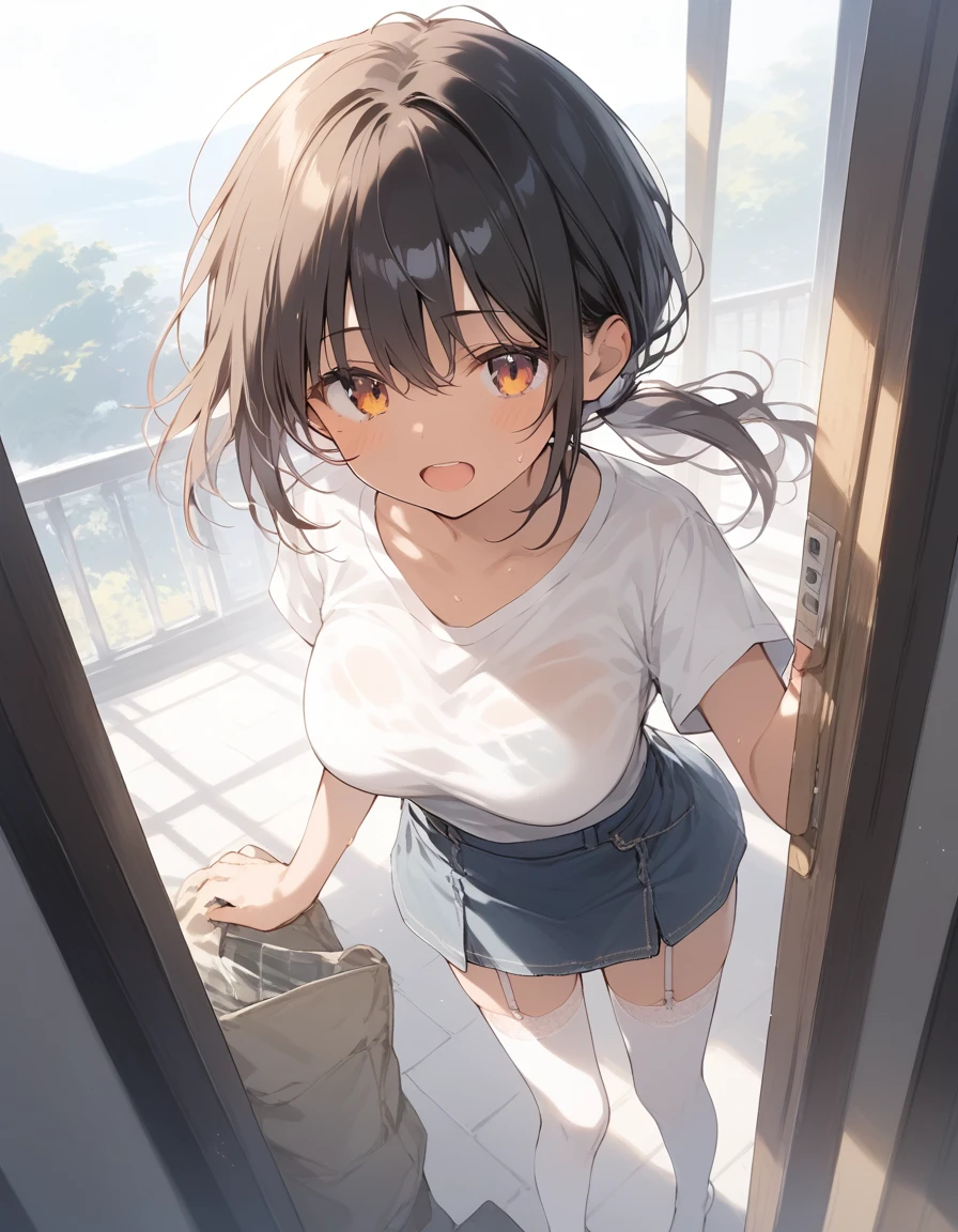 score_9, score_8_superior, score_7_superior, sauce_anime, Highest quality, masterpiece, Official Art, Absurd, High resolution, Very detailed,Wife 2x,collection: A slice of life,break,One person, Tomboy, You're sunburnt., Dark skinned women, short hair, Low Ponytail, Big Breasts, tits,Beautiful attention to detail, Pure white T-shirt,Denim skirt,Pure white thigh-high stockings,Pure white garter belt,Dynamic Angle,Are standing,superiorからの視点,Tilt your head,superior目遣い,A sly pose,Bending pose,Grab the hem of your skirt, Sweat, Open your mouth, (yawn:0.3), Sleepily, Outdoor, Wind, break,(Clear Line Illustration:1.2),非常にHigh resolution, so beautiful, ssuperiorer detailed skin, Best sexual lighting by famous artists, 8k,cute picture,Beauty Illustration,Photoshop_(Moderate),,(Detailed lighting),best anime 8k konachan wallpaper, 