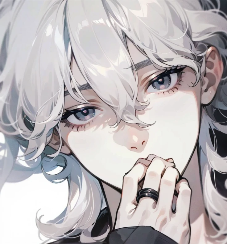 short, wavy, black hair. The character has large, expressive black or grey eyes with long eyelashes. His expression is soft, and he seems thoughtful, holding a hand towards his chest.