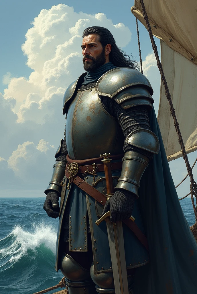 Create an image of a 49-year-old knight with black hair, dark eyes, and fair skin, in the background, he is on a ship at sea.