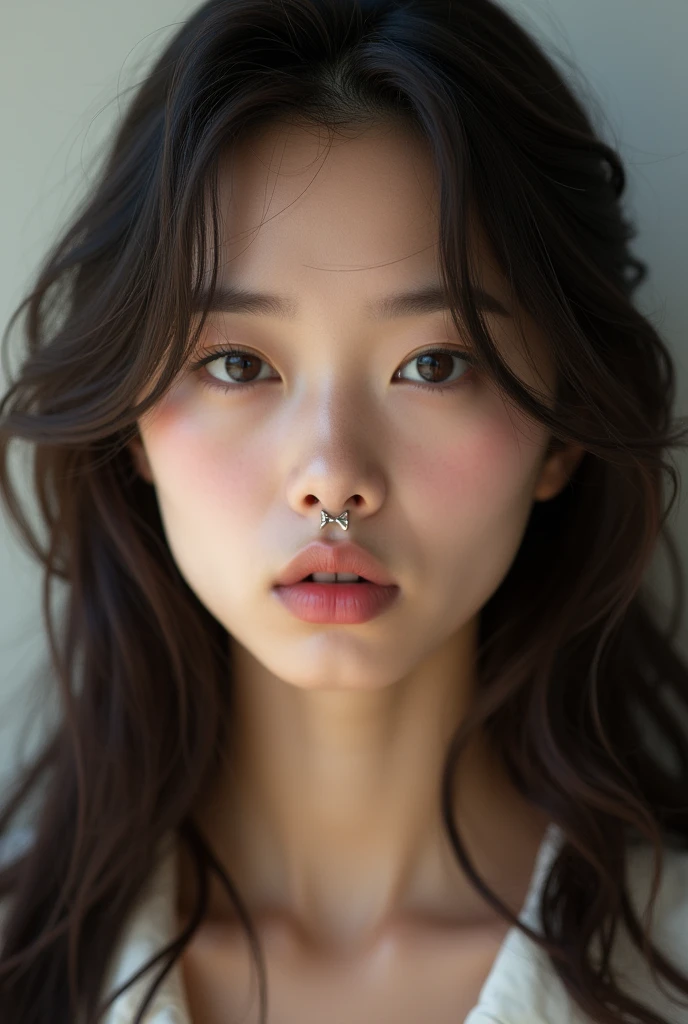 A woman who looks 20 years old, japanese, white, with long dark brown hair, honey brown eyes and two lip piercings
