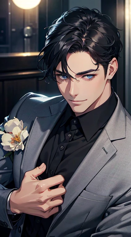 a mature man with short grey Black hair, blue eyes, 31 years, and a perfect face, smiling in love, CEO, cinematic lighting, 1:4 HDR image, top view, ultra detailed, best quality, masterpiece, 8K, photorealistic, beautiful image