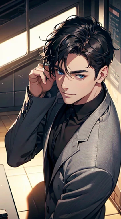 a mature man with short grey Black hair, blue eyes, 31 years, and a perfect face, smiling in love, CEO, cinematic lighting, 1:4 HDR image, top view, ultra detailed, best quality, masterpiece, 8K, photorealistic, beautiful image