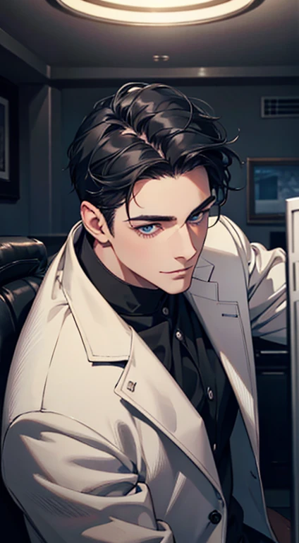 a mature man with short grey Black hair, blue eyes, 31 years, and a perfect face, smiling in love, CEO, cinematic lighting, 1:4 HDR image, top view, ultra detailed, best quality, masterpiece, 8K, photorealistic, beautiful image