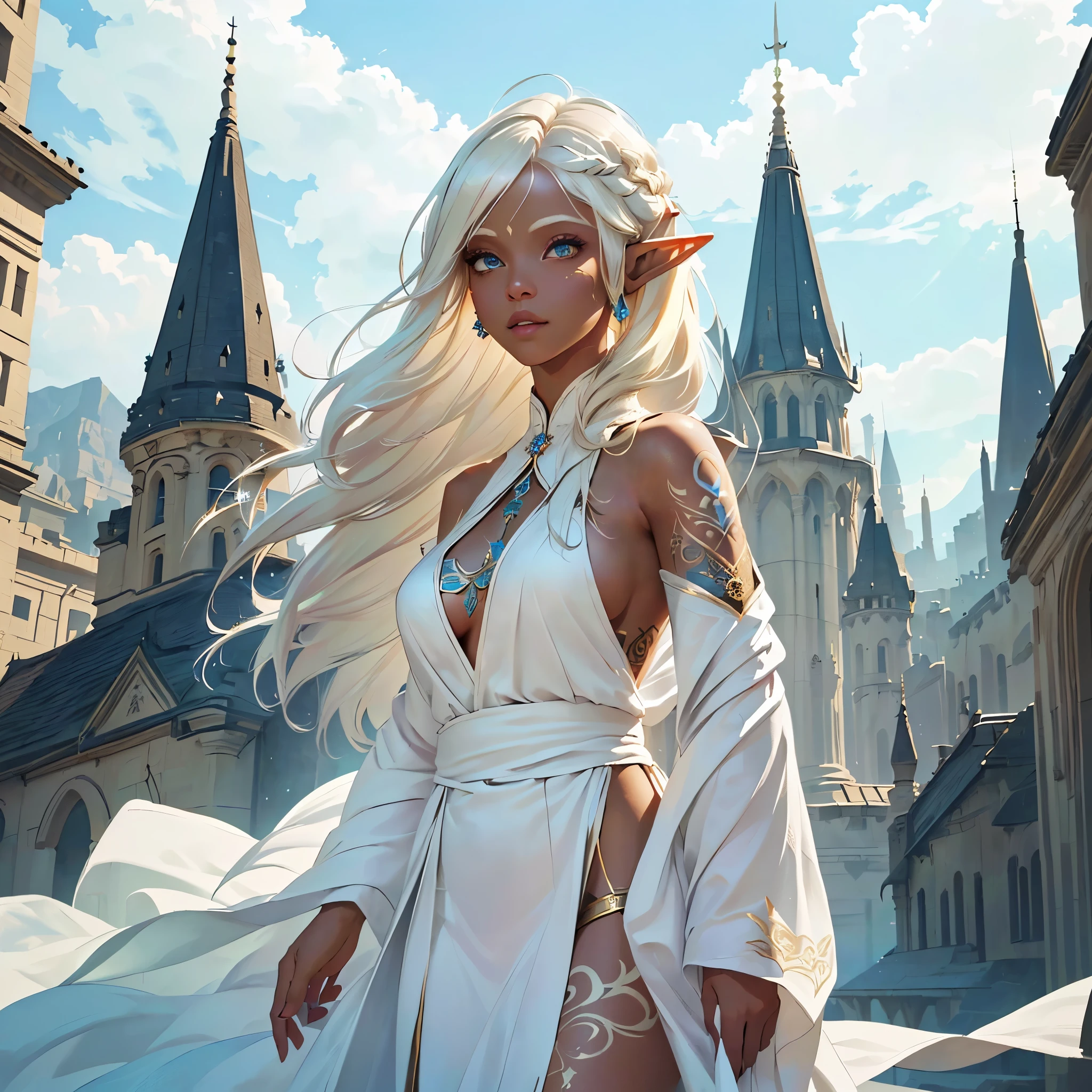 A platinum blonde haired female elf standing in an aerial city, she is wearing ethnic dress, long robe, Dark skinned female elf, she has white tattoos like lightning on her face, she has white tattoos all over her body, cool, sky is blue, her upper body shot, cowboy shot, high angle shot