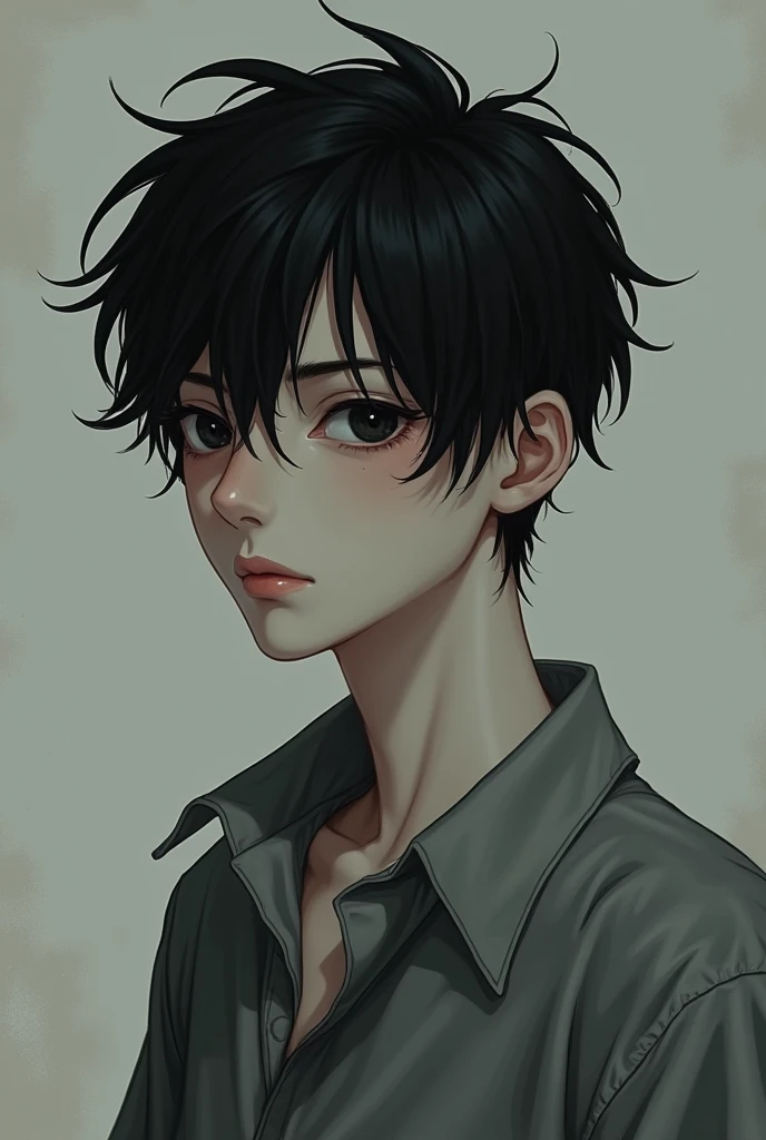 ((best quality)), (((masterpiece)), (detailed), very young 19-year-old male, pale skin, dark circles, has overgrown hair, black hair, faded hair, black eyes, overzise shirt, front profile picture