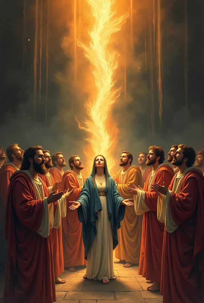 I would like a vertical drawing style image of Our Lady in the midst of the apostles praying at Pentecost while fire falls upon them.