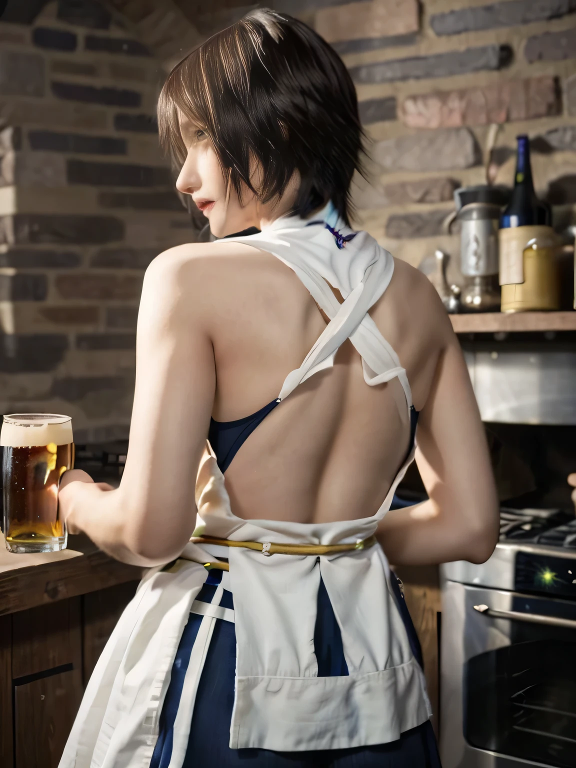 20 year old Japanese beauty，One person、Muscular body like a bodybuilder、Emphasize the breasts、Slit eyes、A head-to-toe view，Bust is very very large、The background is a medieval European kitchen、High quality photos、Clear, crisp images of the lower body、Masterpiece 8k、Ecstatic face、Drinking a beer mug by the stove.、From the front, from the side, from the back, etc.々from what camera angle to shoot、FF10 Yuna's outfit