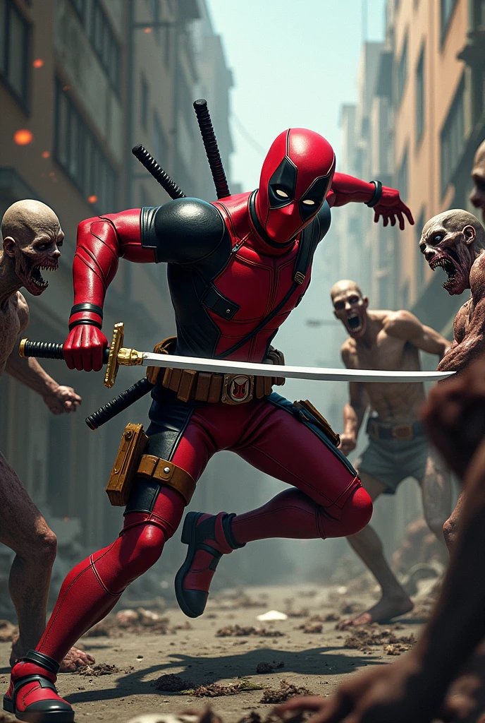 Deadpool  is cuting zombie nack with Sword